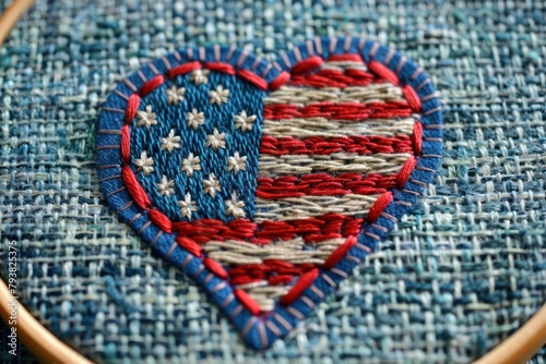 Embroidery heart with the American flag. Independence day USA background. Generative AI