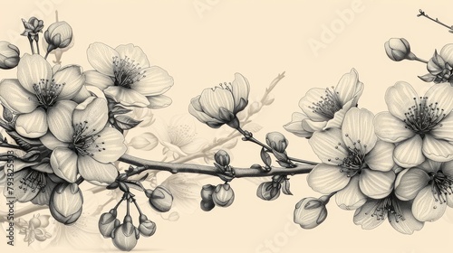A monochrome background with a floral frame contained blooming Japanese Sakura and buds, both hand drawn with contour lines and a place for text in the center.