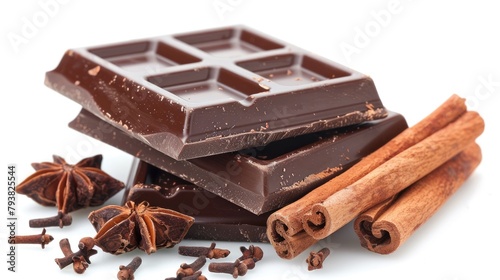 Isolated white background with chocolate bars and cinnamon sticks