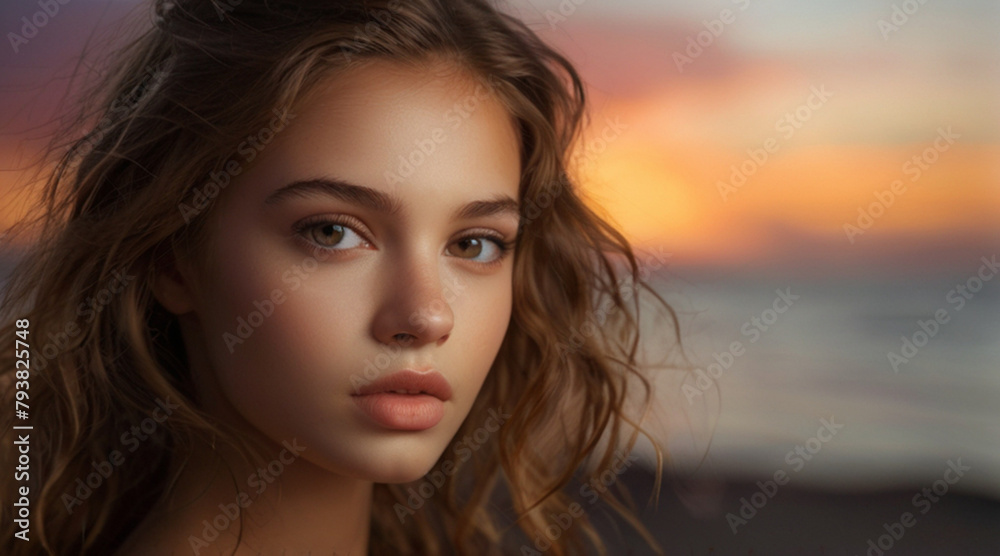 Close up portrait of gorgeous young woman in 20s with perfect glowy skin without make up on the beach