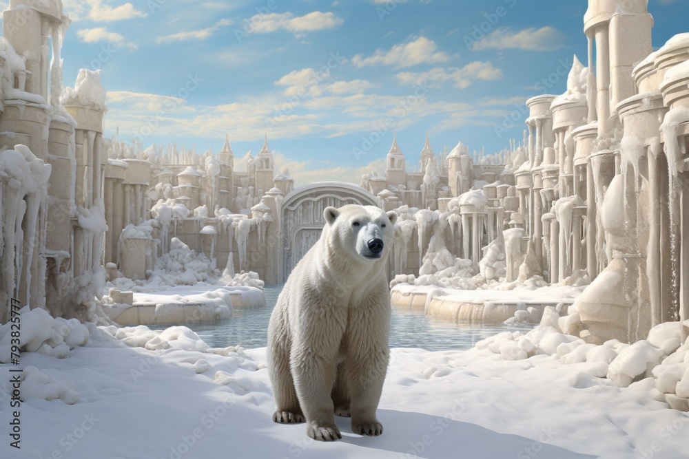 A white snowy castle with polar bear isolated on blue sky background. Close up polar bear