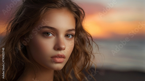 Close up portrait of gorgeous young woman in 20s with perfect glowy skin without make up on the beach