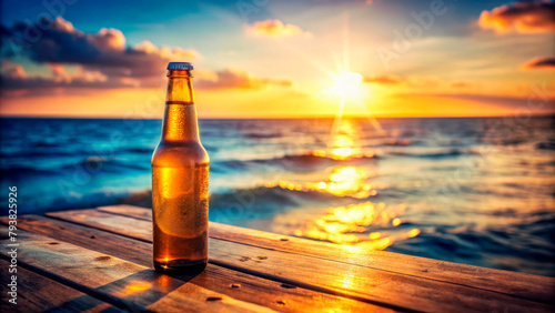 Beer bottle on seascape background