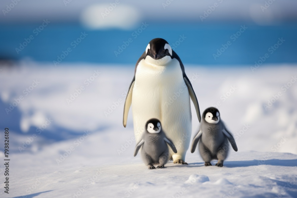 Obraz premium A family of penguins waddling along the icy shores of Antarctica. A penguins family huddled together
