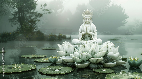 Serene Buddha Statue with Lotus Flowers in Misty Pond
