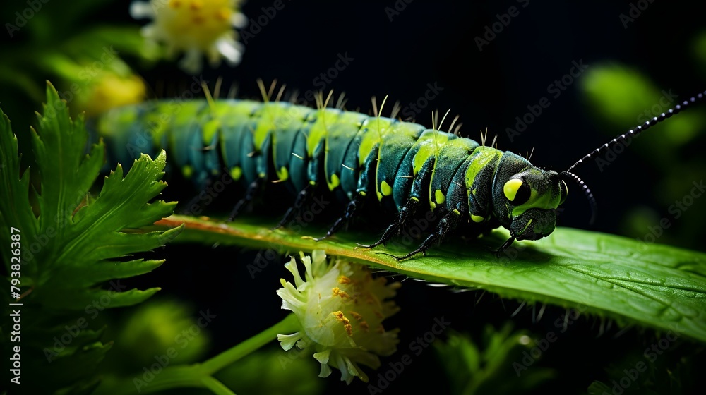 A caterpillar gliding along a branch on a blurred A caterpillar gliding along a branch on a blurred