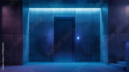 Modern elevator luminous blue ceiling walls concrete walls sci-fi obivion © Ameli Studio