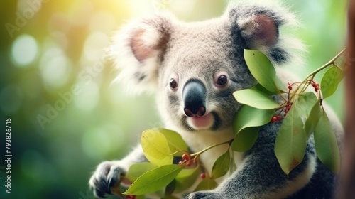 Koala Bear sits on The Branch of the tree and eats leaves, blur Background, and wallpaper.