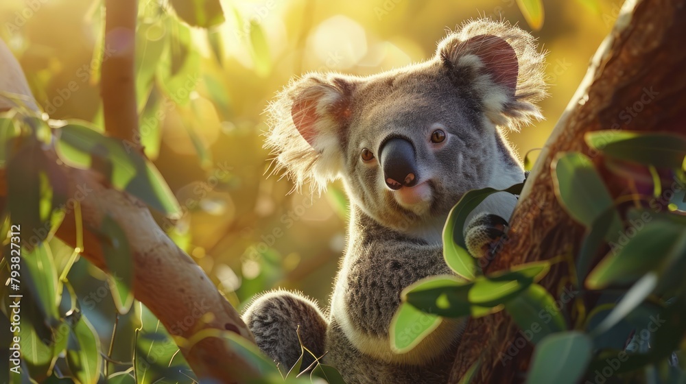 Koala Bear sits on The Branch of the tree and eats leaves, blur Background, and wallpaper. Koala Bear sits on The Branch of the tree and eats leaves, blur Background, and wallpaper.