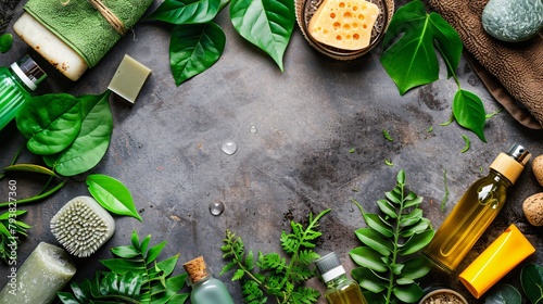 Top view of a variety of natural spa products surrounded by fresh green leaves on a rustic grey surface. photo