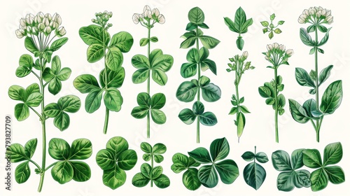 A hand drawn Fenugreek botanical isolated illustration. The set includes leaves  seeds  and a plant. Vintage sketch with color.