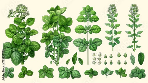 The medical botanical illustration of fenugreek. Handdrawn plant, leaves, and seeds. Vintage sketch in bright colors.