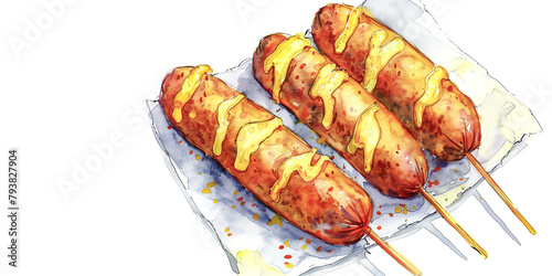 Corn dogs on a white background, watercolor illustration.