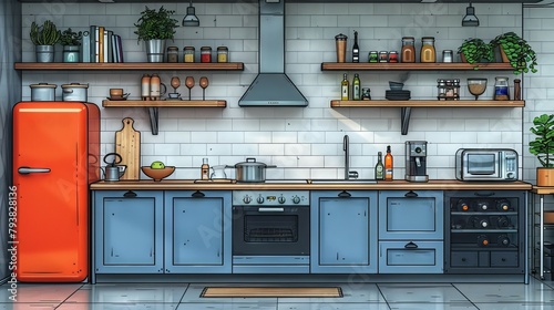 The kitchen is fully furnished with modern furniture, household goods, cookware, cooking equipment, equipment and home decorations. The interior is decorated in a trendy line art style with colorful photo