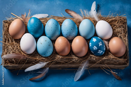 Blue painted traditional eggs for Easter holiday in hay and feathers in row over blue background, top view photo