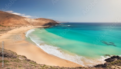 view of the sea from the beach  Jumping girl on beach. Smilling blonde girl enjoying sandy beach  looking at crystalline sea in Canary Islands. Concept of beach summer vacation with kids.