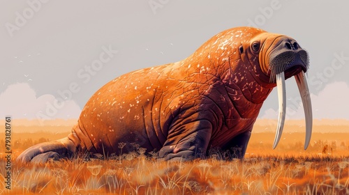 An Odobenus species side view of a walrus flat modern illustration. Large flippered marine mammal with sharp tusks. Nautical white background. Polar walrus flat modern illustration.