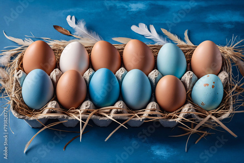 Blue, light blue and brown painted traditional eggs for Easter holiday in hay and feathers in row placed in cardboard egg holder over dark blue background, top view photo