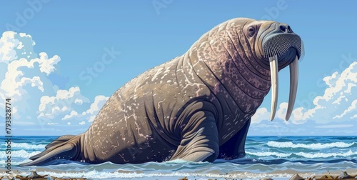 Cartoon illustration of a walrus. Polar carnivorous animal isolated on white background. Large flippered marine mammal with sharp tusks. Odobenus species side view.