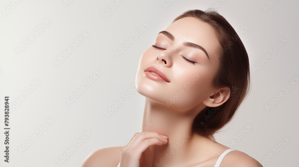 young woman touching her skin, exes closed, cosmetic and skincare, white background young woman touching her skin, exes closed, cosmetic and skincare, white background