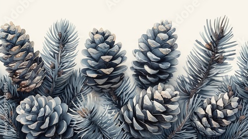 The seamless pattern is hand-drawn with fir, pine, and cedar branches and cones. A realistic background of evergreen conifer plants against a monochrome botanical backdrop. photo