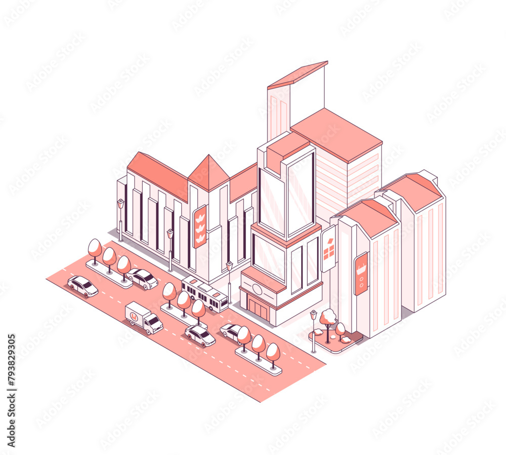 City mall and shops - vector isometric illustration. A two-way street, an area for shopping, souvenirs and commerce. Lively city center, glass architecture, business office and urban location idea