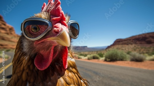 Adventurethemed stock photo of a chicken touring on a motorcycle, scenic mountain road, expansive landscape view , ultra HD, super-detailed, clean sharp focus photo