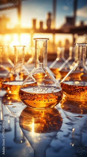 An artistic composition of laboratory glassware silhouetted against a brightly lit techcentric background, symbolizing clarity in research , documentary, cinematic lighting, motion blur, angle camera