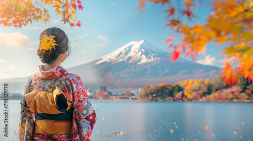 Colorful Autumn Season and Mountain Fuji with Asian 