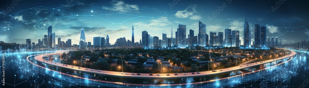 A smart grid cityscape at sunset, focusing on energy sustainability and modern infrastructure enhancements , 3d, cinematic, hyperrealistic
