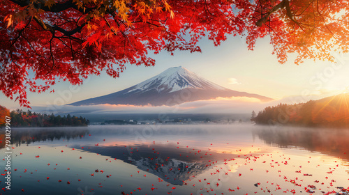 Colorful Autumn Season and Mountain Fuji with morning