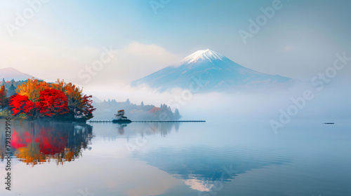 Colorful Autumn Season and Mountain Fuji with morning