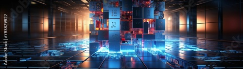 A quantum computer in a secure, temperaturecontrolled server room with LED lights and reflective surfaces , Puzzle, idea, concept, Vivid style, jigsaws, photo