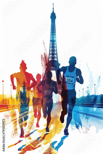 Ilustración abstracta representando a unos atletas olímpicos corriendo por una calle de París con la torre Eiffel al fondo, sobre fondo blanco