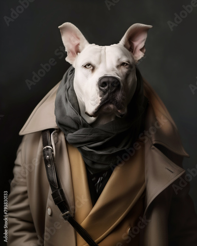 A charismatic Staff dog posing as a boss, proud and confident, dressed like a masculine and tough human gangster, a strong and powerful leader