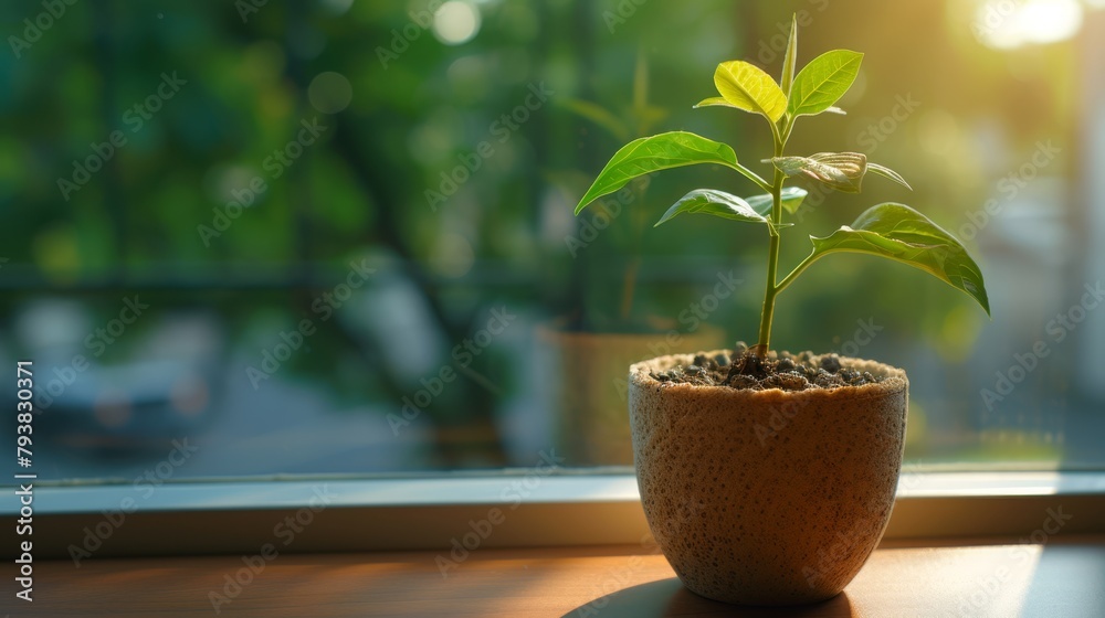 Sunlight streams through a window onto a small potted plant sitting on a table.