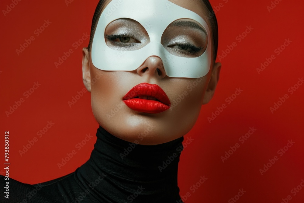 Elegant female beauty with white mask and red lips against vibrant red background portrait