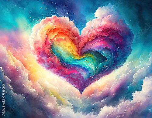 Beautiful colorful valentine day heart in the clouds as abstract background. Valentine Concept.