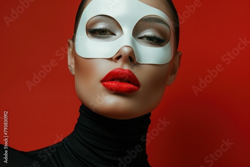 Elegant female beauty with white mask and red lips against vibrant red background portrait