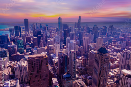 Chicago cityscape aerial view, High rise buildings, cloudy sky background, Chicago, United States 
