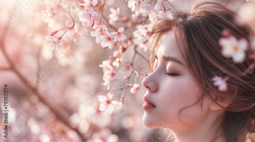 An illustration depicting a girl looking at a cherry blossom in full bloom. A beautiful woman's face mixed with an image of cherry blossoms. Women's beauty, fragrances and cosmetics.