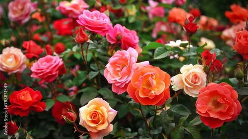 Elegant Floribunda roses blooming in a riot of colors.