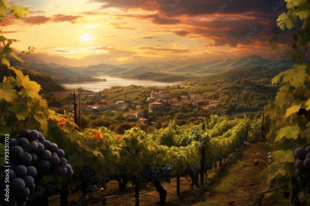 A vineyard at sunset with grapes. Wine vineyard with grapes and sunset in the background