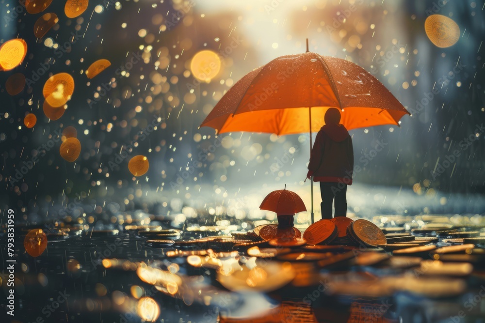 Two People Sharing an Orange Umbrella in a Rainy, Twilight Setting