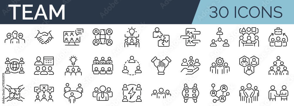 Naklejka premium Set of 30 outline icons related to team. Linear icon collection. Editable stroke. Vector illustration