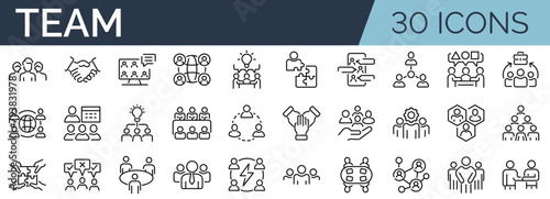 Set of 30 outline icons related to team. Linear icon collection. Editable stroke. Vector illustration