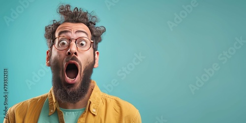 shocked man, isolated on a left side of pastel blue background with copy space,