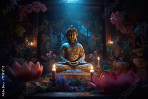 Buddha statue and lotus flowers in the temple. Statue of Meditating Buddha with pink lotuses and candles on dark background. Buddha Purnima. Vesak day. Buddhist Holiday background