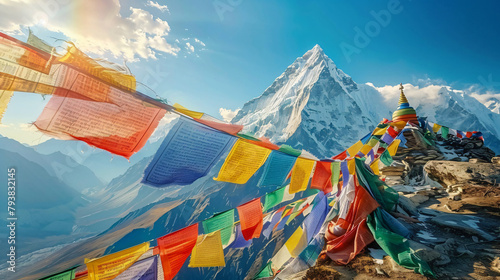 Colorful prayer flags on the Everest Base Camp trek  photo