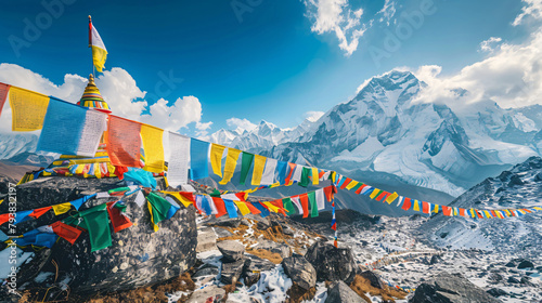Colorful prayer flags on Thokla pass Everest Base Camp photo